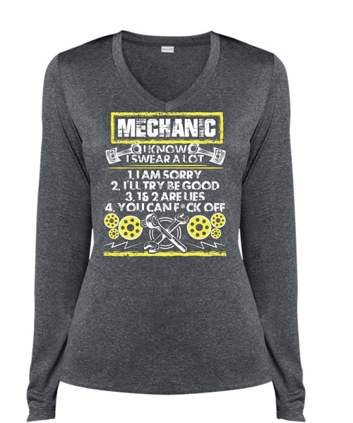 I Know I Swear A Lot T Shirt, Being A Mechanic T Shirt, Cool Shirt (Ladies LS Heather V-Neck)