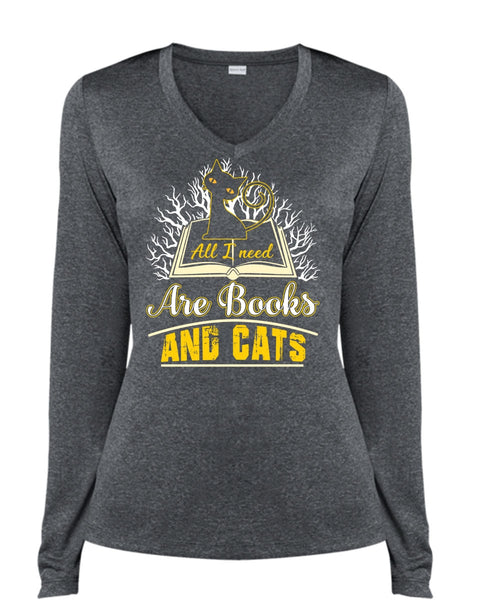 All I Need Are Books And Cats T Shirt, Being A Reader T Shirt, Cool Shirt (Ladies LS Heather V-Neck)
