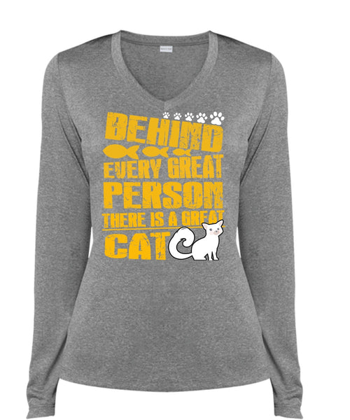 There Is A Great Cat T Shirt, Behind Every Great Person T Shirt, Cool Shirt (Ladies LS Heather V-Neck)