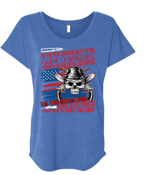 Meat Eating Gun Owning T Shirt, Flag Flying T Shirt, Cool Shirt (Ladies' Triblend Dolman Sleeve)