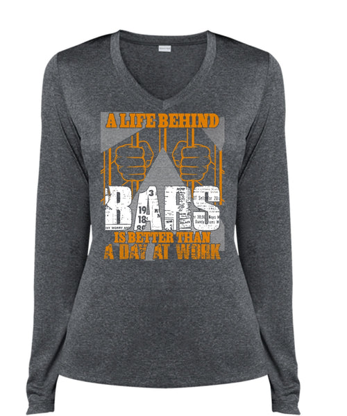 A Life Behind Bars T Shirt, Day At Work T Shirt, Cool Shirt (Ladies LS Heather V-Neck)