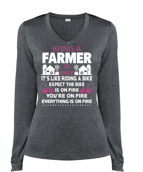 Being A Farmer Is Easy T Shirt, It's Like Riding A Bike T Shirt, Cool Shirt (Ladies LS Heather V-Neck)