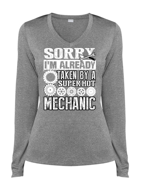 I'm Already Taken By A Mechanic T Shirt, I Love Mechanic T Shirt, Cool Shirt (Ladies LS Heather V-Neck)
