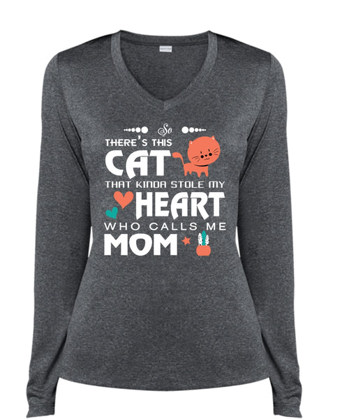 There's This Cat That Kinda Stole My Heart T Shirt, Calls Me Mom T Shirt (Ladies LS Heather V-Neck)