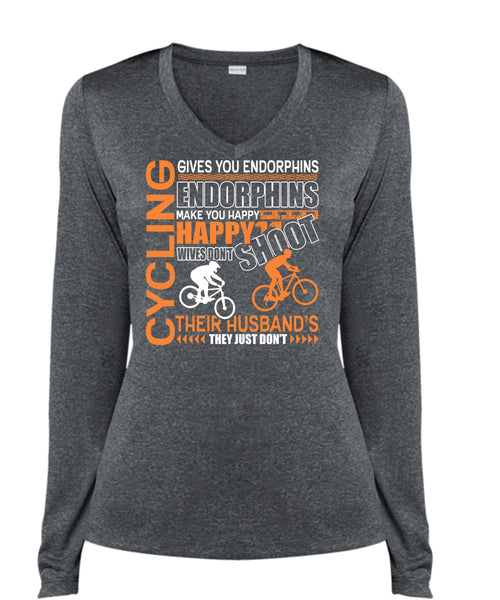 Cycling Gives You Endorphins T Shirt, Make You Happy T Shirt, Cool Shirt (Ladies LS Heather V-Neck)
