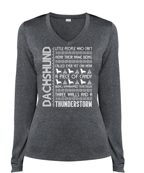 Dachshund Little People T Shirt, I Love My Dog T Shirt, Cool Shirt (Ladies LS Heather V-Neck)