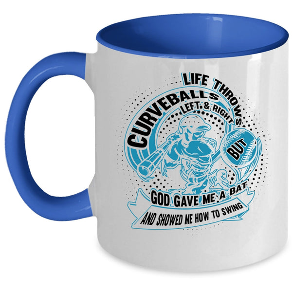 Funny Baseball Player Coffee Mug, Life Throws Curveballs Left And Right Accent Mug