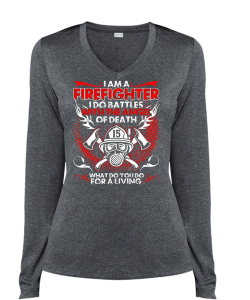 I Am A Firefighter T Shirt, The Angel Of Death T Shirt, Cool Shirt (Ladies LS Heather V-Neck)