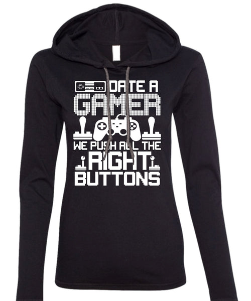 Date A Gamer T Shirt, Right Buttons T Shirt (Anvil Ladies Ringspun Hooded)