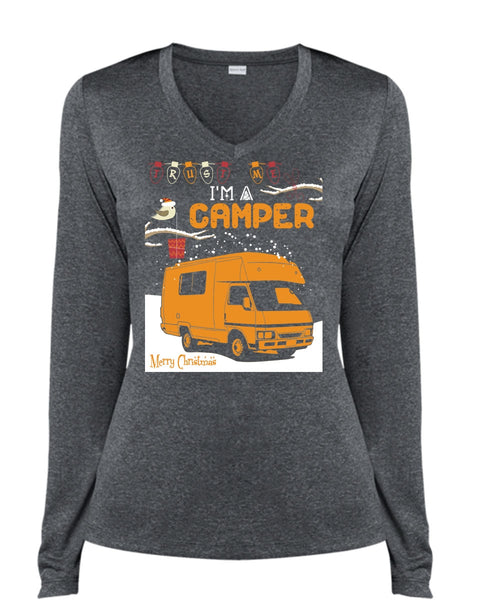 I'm A Camper T Shirt, Merry Christmas T Shirt, Cool Shirt (Ladies LS Heather V-Neck)