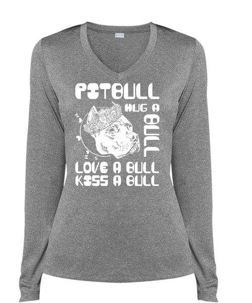 Pit Bull Hug A Bull T Shirt, Love A Bull T Shirt, Cool Shirt (Ladies LS Heather V-Neck)