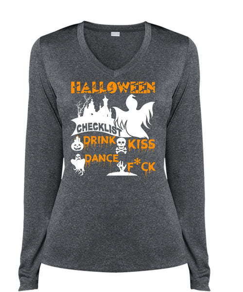 Halloween Checklist Drink Kiss Dance T Shirt, I Love You Pumpkin T Shirt, Cool Shirt (Ladies LS Heather V-Neck)