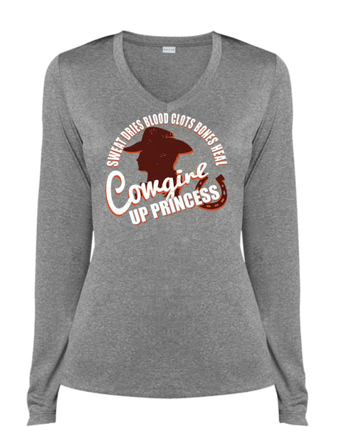 Heal Cowgirls Up Princess T Shirt, Sweat Dries Blood Clots Bones T Shirt, Cool Shirt (Ladies LS Heather V-Neck)