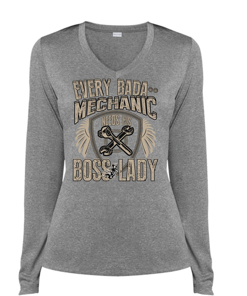 Mechanic Needs His Boss Lady T Shirt, Being A Mechanic T Shirt, Cool Shirt (Ladies LS Heather V-Neck)