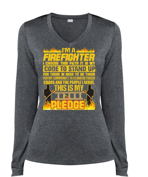I'm A Firefighter T Shirt, Code To Stand Up T Shirt, Cool Shirt (Ladies LS Heather V-Neck)