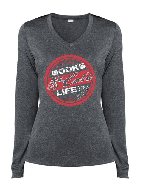 Book Cats Life Is Good T Shirt, My Life T Shirt, I Love Cats T Shirt (Ladies LS Heather V-Neck)