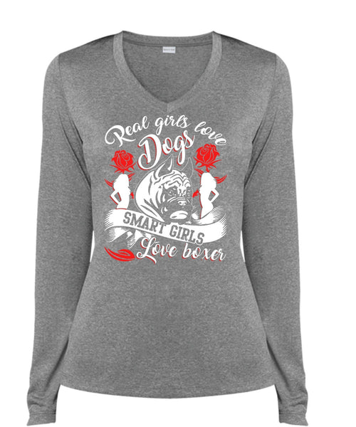 Real Girls Love Dogs T Shirt, Smart Girls Love Boxer T Shirt, Cool Shirt (Ladies LS Heather V-Neck)