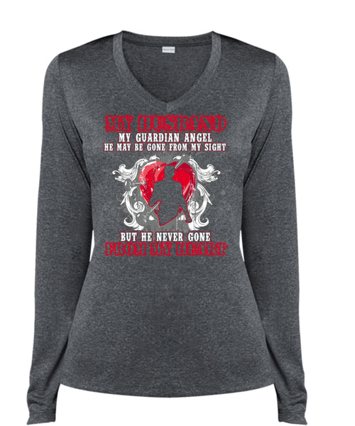 My Husband My Guardian Angel T Shirt, From My Heart T Shirt, Cool Shirt (Ladies LS Heather V-Neck)