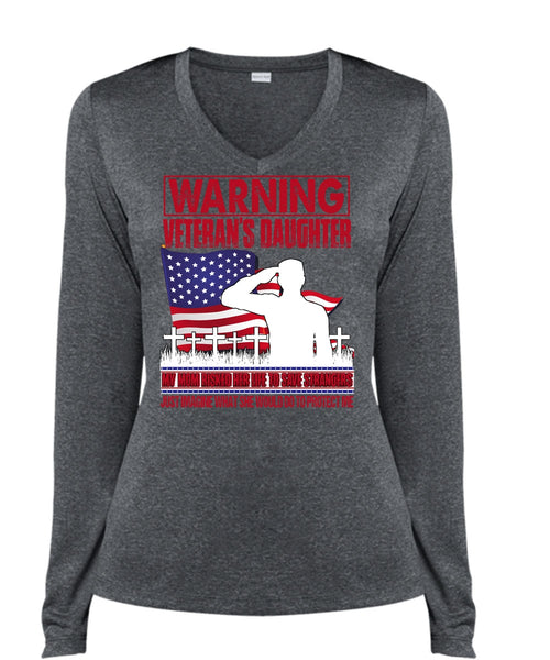 Warning Veteran's Daughter T Shirt, My Mom Risked Her Life T Shirt, Cool Shirt (Ladies LS Heather V-Neck)
