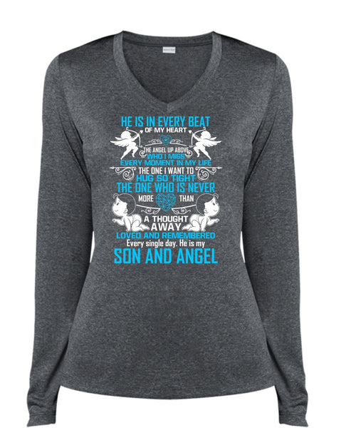 Beat Of My Heart T Shirt, Son And Angel T Shirt, Cool Shirt (Ladies LS Heather V-Neck)