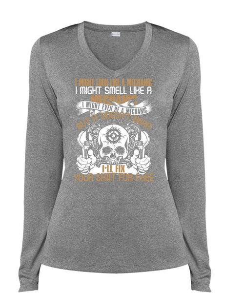 I Might Smell Like A Mechanic T Shirt, Like A Mechanic T Shirt, Cool Shirt (Ladies LS Heather V-Neck)