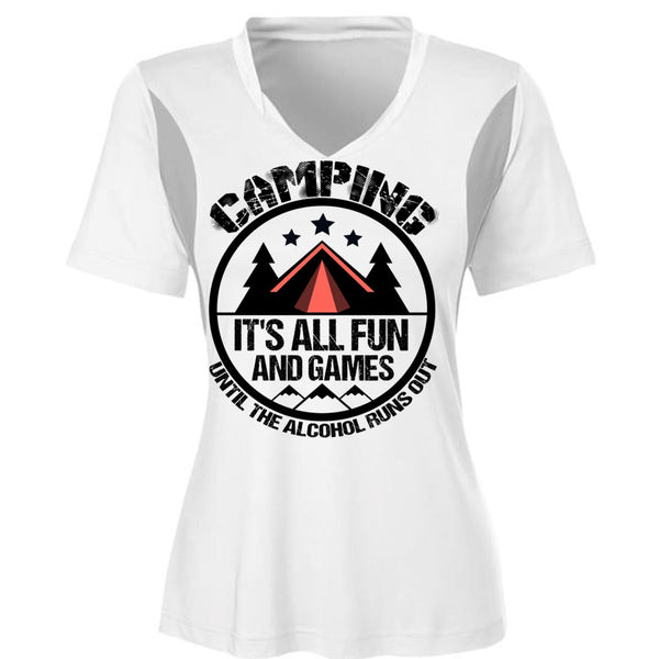Camping It's All Fun And Games T Shirt, Alcohol Runs Out T Shirt, Cool Shirt (Ladies LS Heather V-Neck)