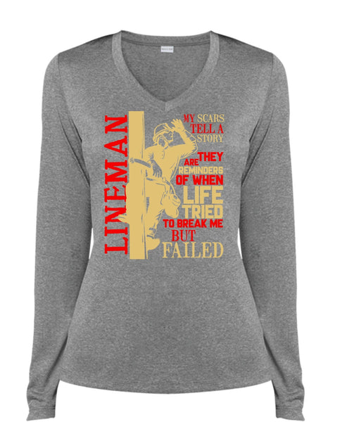 Lineman My Scars Tell A Story T Shirt, Being A Lineman T Shirt, Cool Shirt (Ladies LS Heather V-Neck)