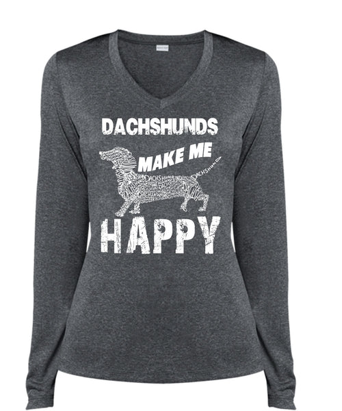 Dachshunds Make Me Happy T Shirt, I Love My Dog T Shirt, Cool Shirt (Ladies LS Heather V-Neck)