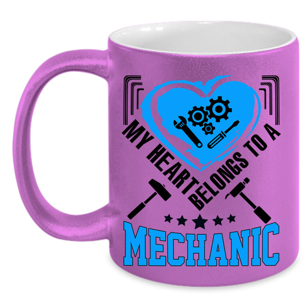 Cute Couple Coffee Mug, My Heart Belongs To A Mechanic Accent Mug