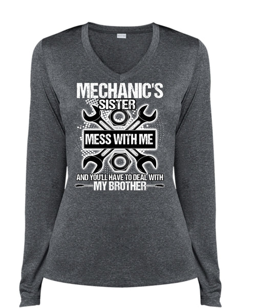 Mechanic's Sister T Shirt, My Brother T Shirt, Cool Shirt (Ladies LS Heather V-Neck)
