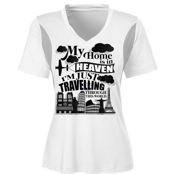 My Home Is In Heaven T Shirt, I'm Just Travelling T Shirt, Cool Shirt (Ladies LS Heather V-Neck)