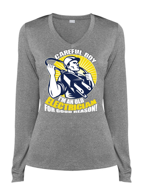 I'm An Old Electrician T Shirt, Being An Electrician T Shirt, Cool Shirt (Ladies LS Heather V-Neck)