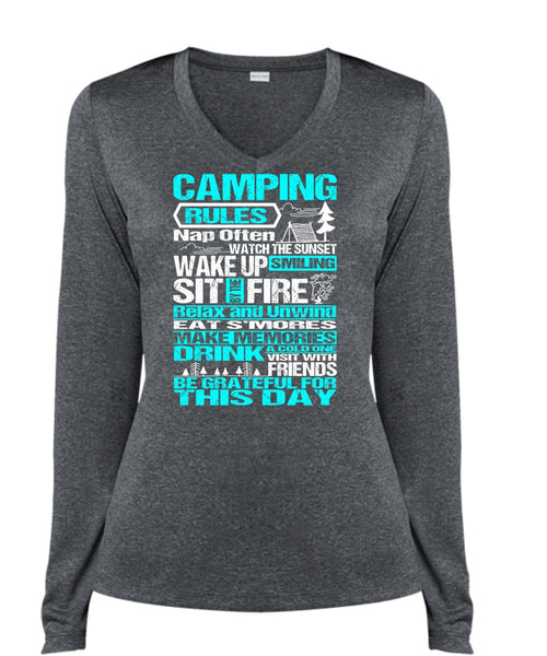 Camping Rules Nap Often T Shirt, Wake Up Smiling T Shirt, Cool Shirt (Ladies LS Heather V-Neck)