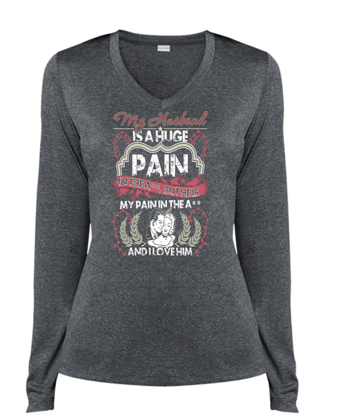 My Husband Is A Huge T Shirt, I Love Him T Shirt, Cool Shirt (Ladies LS Heather V-Neck)