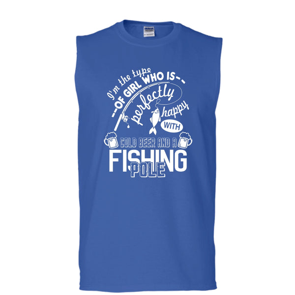 Pretty Happy With Cool Beer T Shirt, A Fishing Pole T Shirt, Cool T Shirt (Men's Cotton Sleeveless)