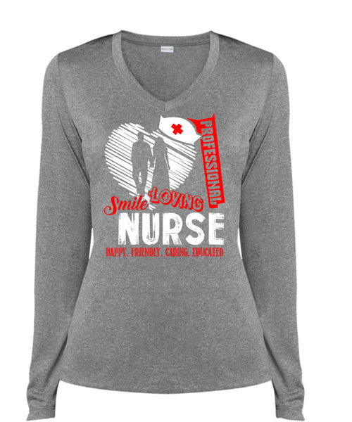 Professional Smile Loving Nurse T Shirt, Happy Friendly Caring Educated T Shirt, Cool Shirt (Ladies LS Heather V-Neck)