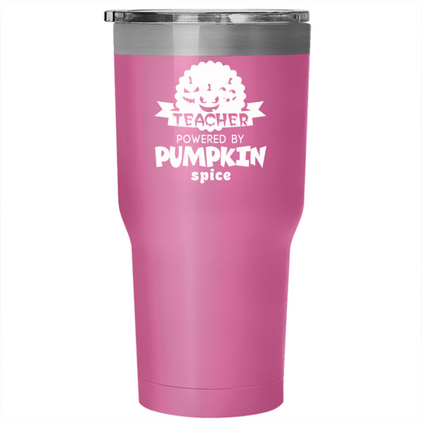 Teacher Powered By Pumpkin Spice Tumbler 30 oz Stainless Steel, Cool Halloween Travel Mug