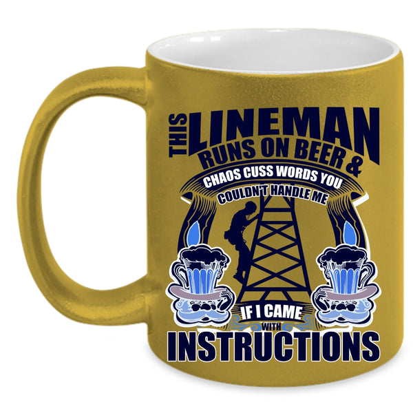 Awesome Linemans Coffee Mug, This Lineman Runs On Beer Accent Mug