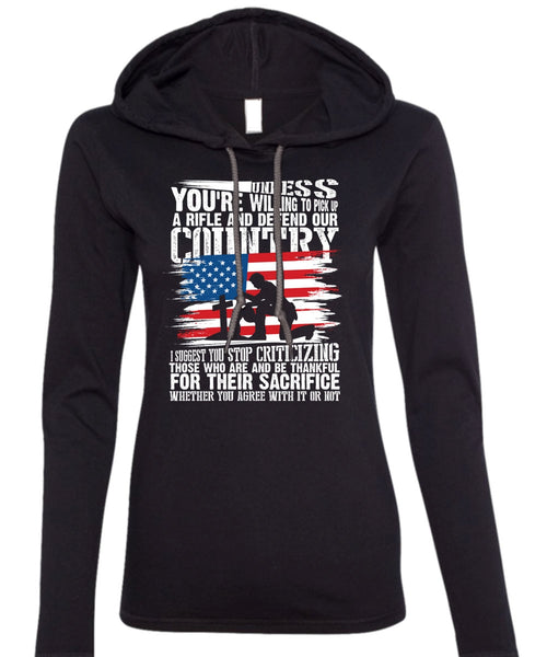 Defend Our Country T Shirt, Being A Veteran T Shirt (Anvil Ladies Ringspun Hooded)