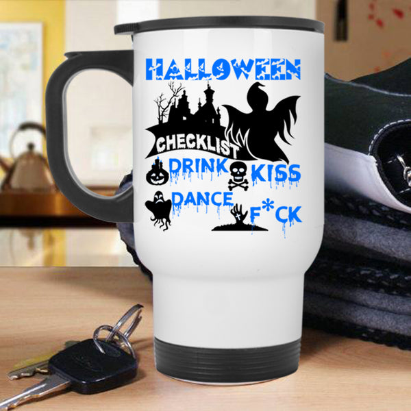 Drink Kiss Travel Mug, Halloween Checklist Mug