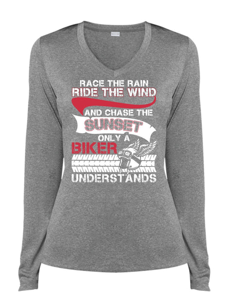 Only A Biker Understand T Shirt, Ride The Wind T Shirt, Cool Shirt (Ladies LS Heather V-Neck)