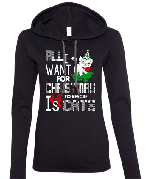 All I Want For Christmas To Rescue Is Cats T Shirt, Pet My Cat T Shirt (Anvil Ladies Ringspun Hooded)