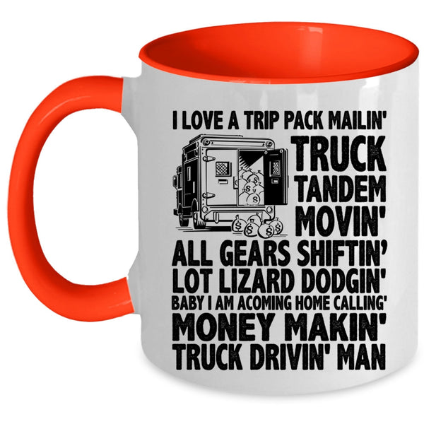 Truck Driving Man Coffee Mug, I Love A Trip Pack Mailing Truck Tandem Accent Mug