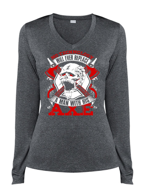 Replace A Man With His AXE T Shirt, Being A Firefighter T Shirt, Cool Shirt (Ladies LS Heather V-Neck)