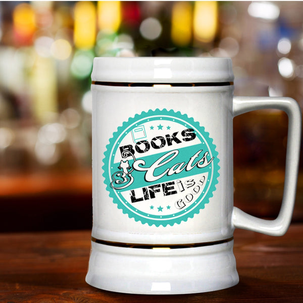 Lovely Gift For Book Readers Beer Stein 22oz, Books And Cats Life Is Good Beer Mug