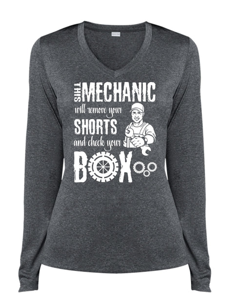 This Mechanic Will Remove Your Shorts T Shirt, Being A Mechanic T Shirt, Cool Shirt (Ladies LS Heather V-Neck)