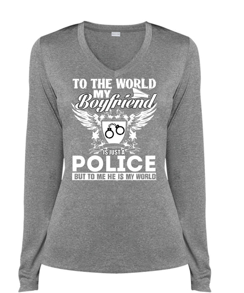 My Boyfriend Is Just A Police T Shirt, Being A Police T Shirt, Cool Shirt (Ladies LS Heather V-Neck)