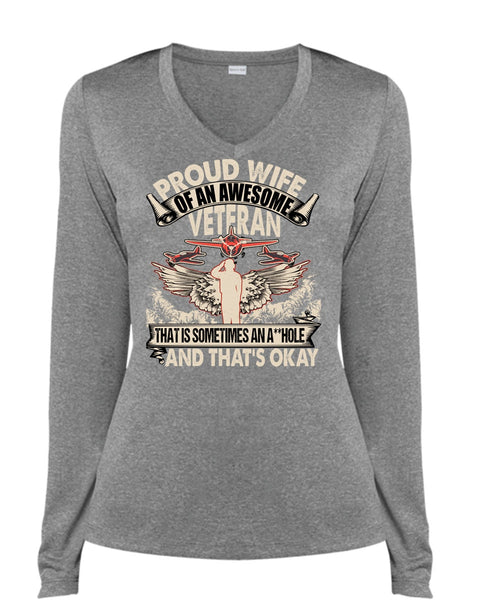 Proud Wife Of An Awesome Veteran T Shirt, Being A Veteran T Shirt, Cool Shirt (Ladies LS Heather V-Neck)