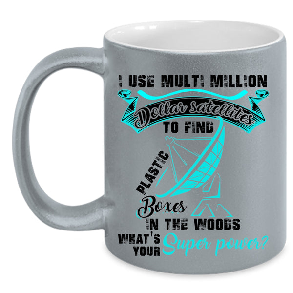 Funny Geocaching Coffee Mug, Plastic Boxes In The Woods Accent Mug