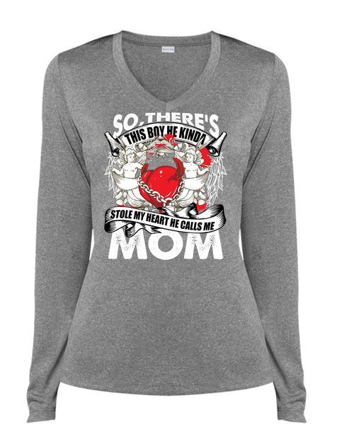 He Calls Me Mom T Shirt, Stole My Heart T Shirt, Cool Shirt (Ladies LS Heather V-Neck)